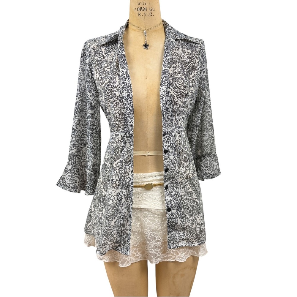 Whimsygoth Paisley Sheer Button Up Top Flare Sleeves Dark Romantic Indie Size M - Picture 5 of 8